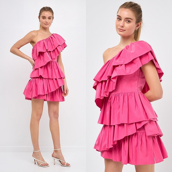 💚Endless Rose One-Shoulder Ruffled Mini Dress☆ - Picture 2 of 2